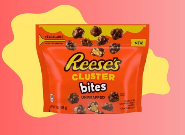 a photo of reese's cluster bites on a designed red and yellow background