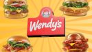 a collage of chicken sandwiches fish sandwiches and burgers from Wendy's menu on a designed background