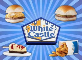 a collage of various white castle menu items surrounding a white castle logo
