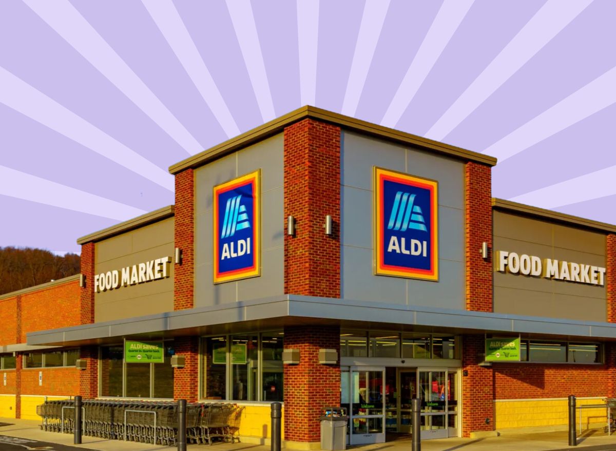 Aldi storefront against a colorful background