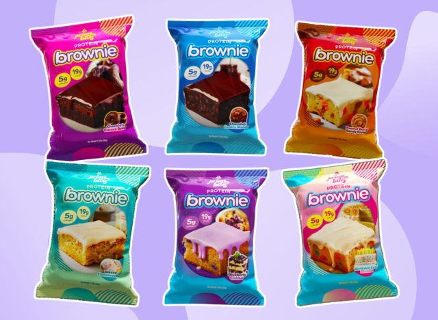 six packages of brownies on a purple background