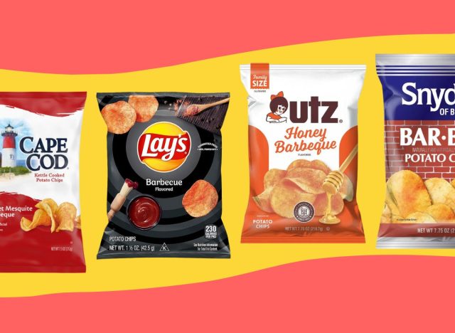 Collage of BBQ flavored potato chips brands on a colorful background