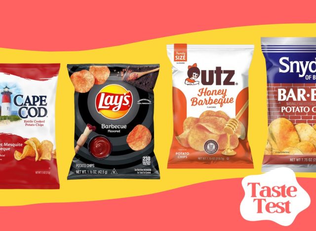 Collage of BBQ flavored potato chips brands on a colorful background