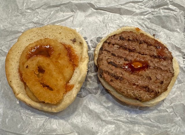 Burger King rodeo burger open faced atop its wrapper