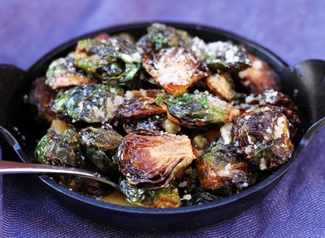 lazy dog Brussels sprouts in a cast-iron pan