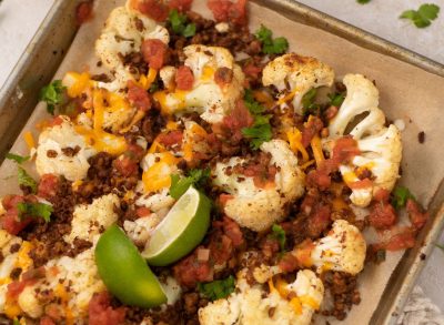 sheet pan full of cauliflower nachos