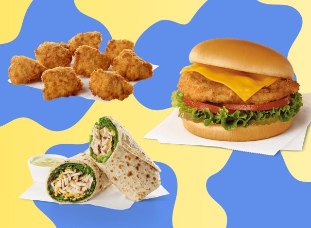 A trio of menu items from Chick-fil-A displayed against a colorful background