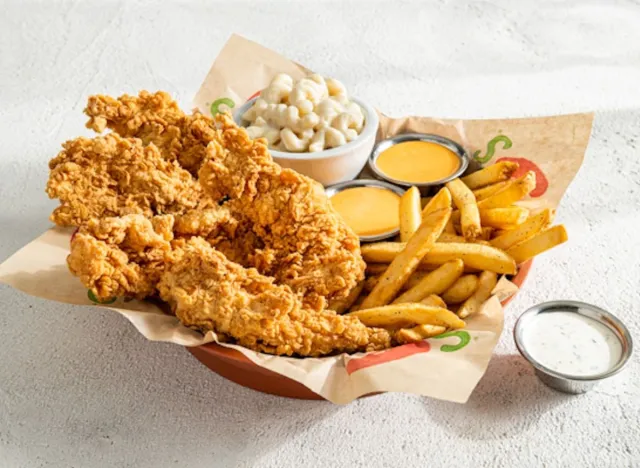 platter of Chicken Crispers with fries and mac and cheese