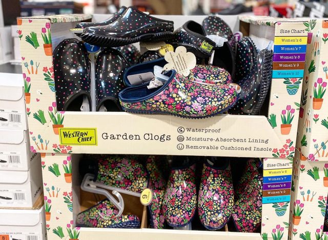 a display of ladies garden clogs at costco