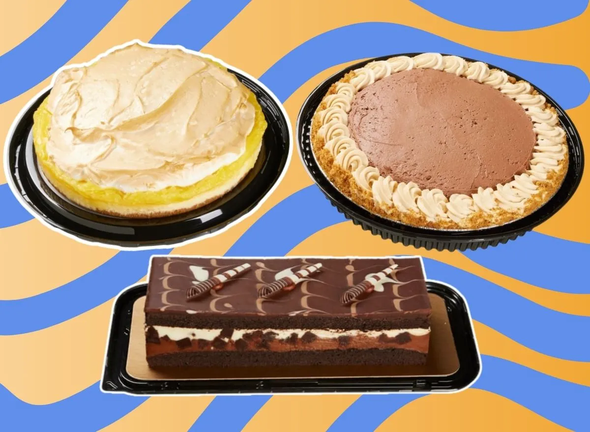 A trio of Costco desserts against a colorful background