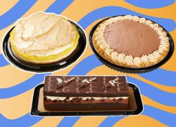 A trio of Costco desserts against a colorful background