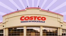 Costco warehouse storefront against a colorful background