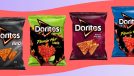 An array of various Doritos tortilla chip flavors against a colorful background