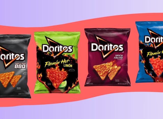 An array of various Doritos tortilla chip flavors against a colorful background