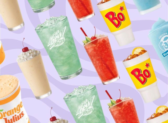 An array of beverages from various fast food chains on a colorful background
