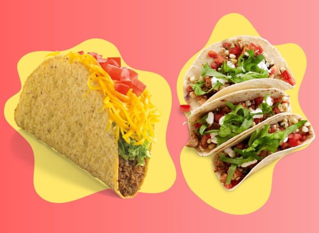 Hard and soft shell tacos from fast-food restaurants, including Chipotle and Del Taco, displayed against a colorful background