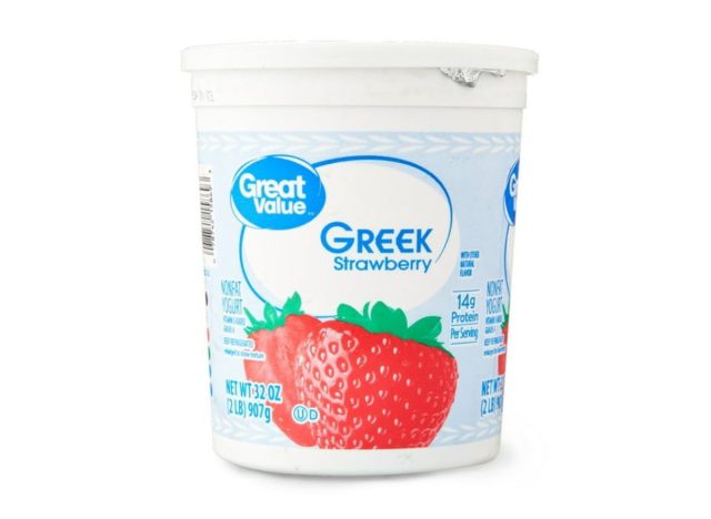 container of strawberry Greek yogurt from Great Value