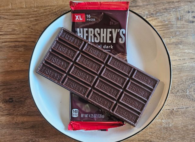 hershey's special dark chocolate bar on a plate.