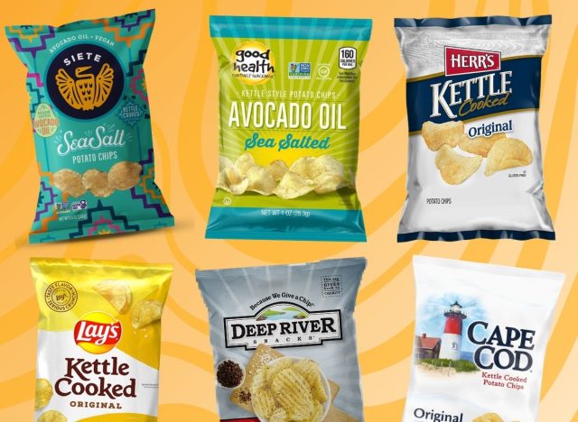 A collage of different brands of kettle-cooked potato chips against a bright yellow background.