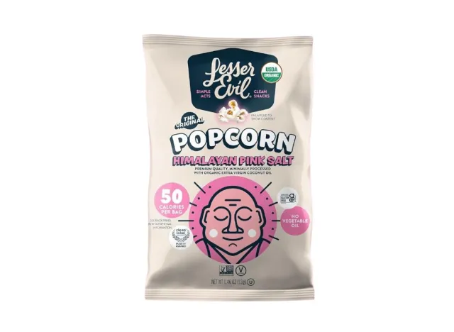 bag of Lesser Evil popcorn on a white background