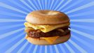 McDonald's Steak, Egg, and Cheese Bagel on striped blue background