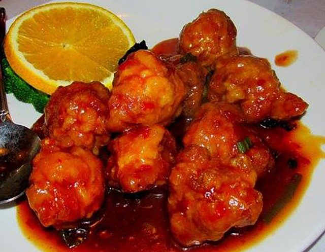 A plate of orange chicken at Lao Sze Chuan restaurant