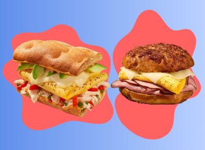 Panera bread breakfast sandwiches on a colorful background