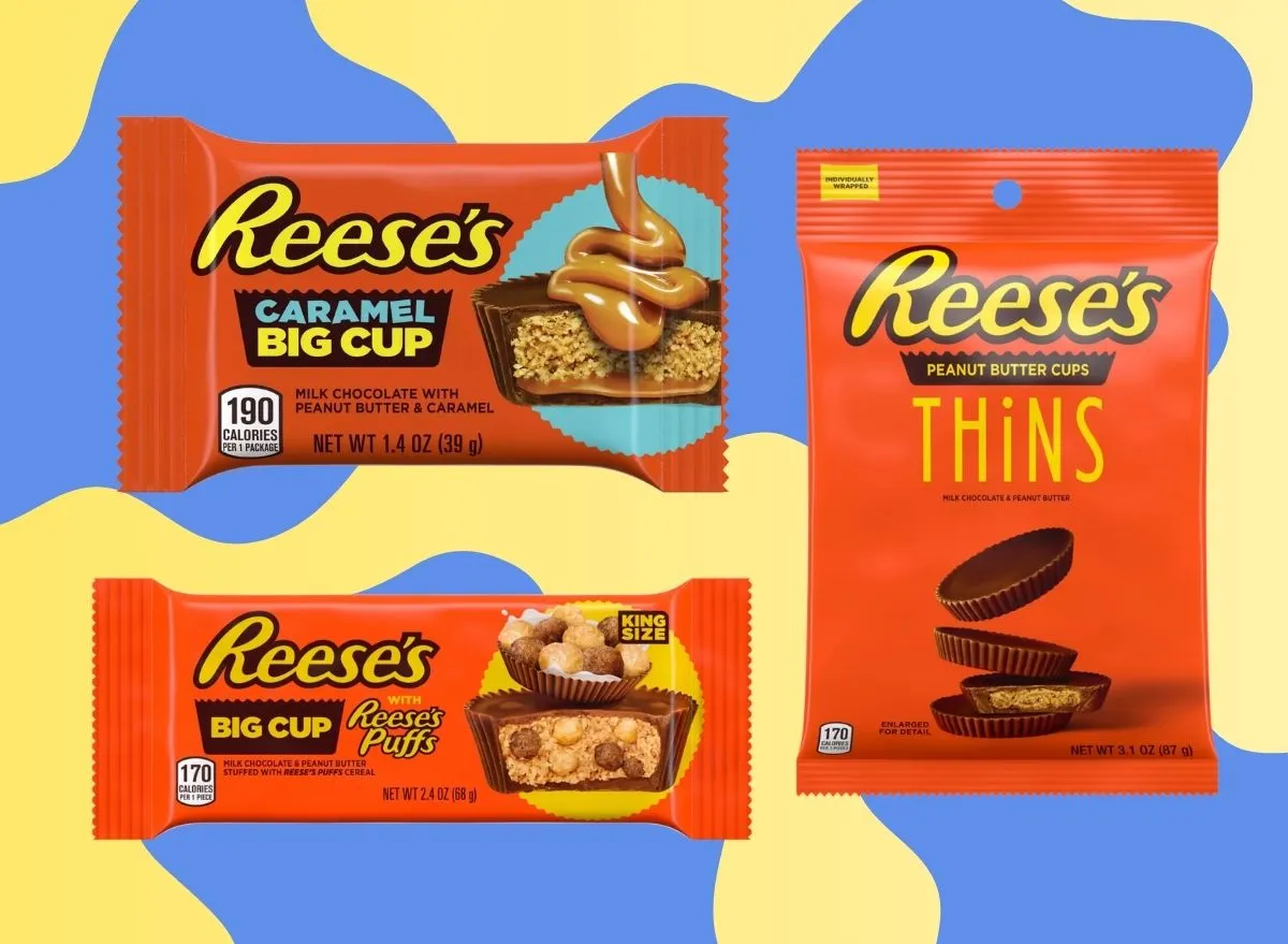 A trio of Reese's peanut butter candies against a colorful background