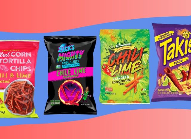 Four popular brands of rolled tortilla chips against a colorful backdrop
