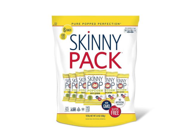 bag of Skinny Pop popcorn on a white background