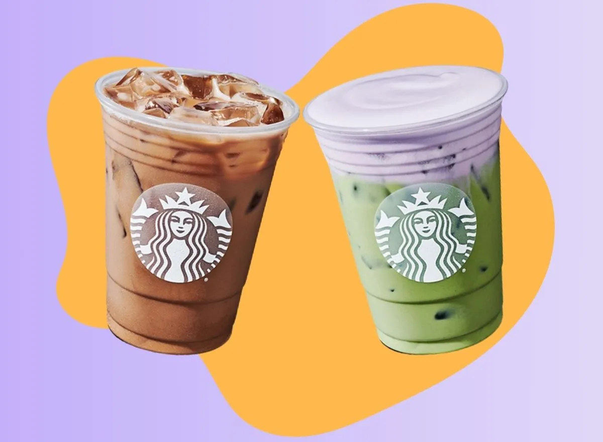 Starbucks' Iced Lavender Cream Oatmilk Matcha and Iced Lavender Oatmilk Latte on a purple and yellow background