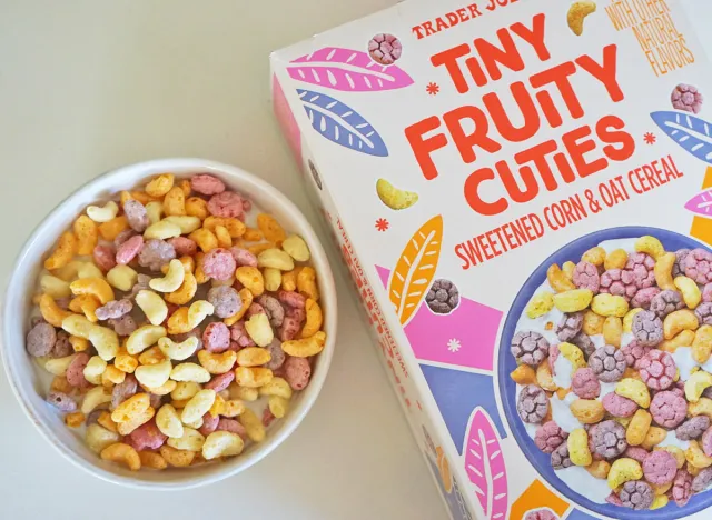 trader joe's tiny fruity cuties cereal box and bowl.