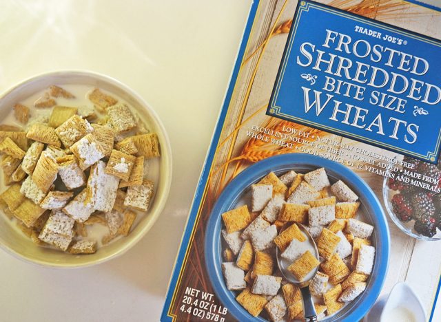 trader joe's frosted shredded wheat cereal box and bowl.