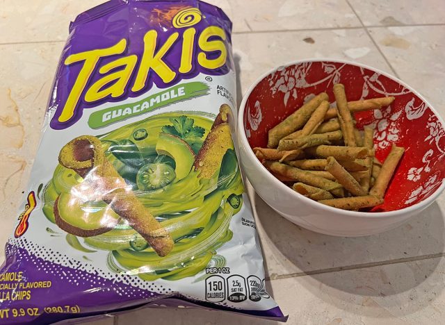 Takis guacamole rolled tortilla chips in a bowl and a bag