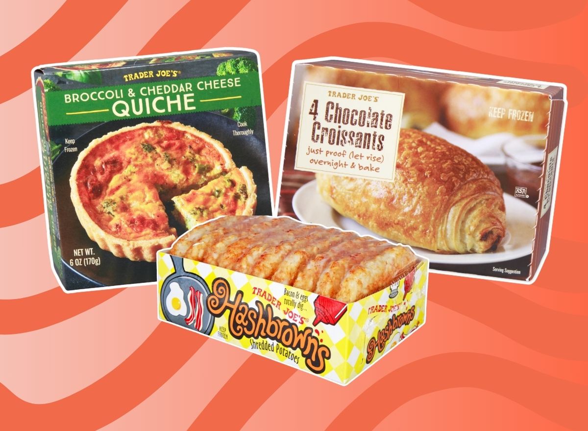 A trio of Trader Joe's breakfast items against a colorful background