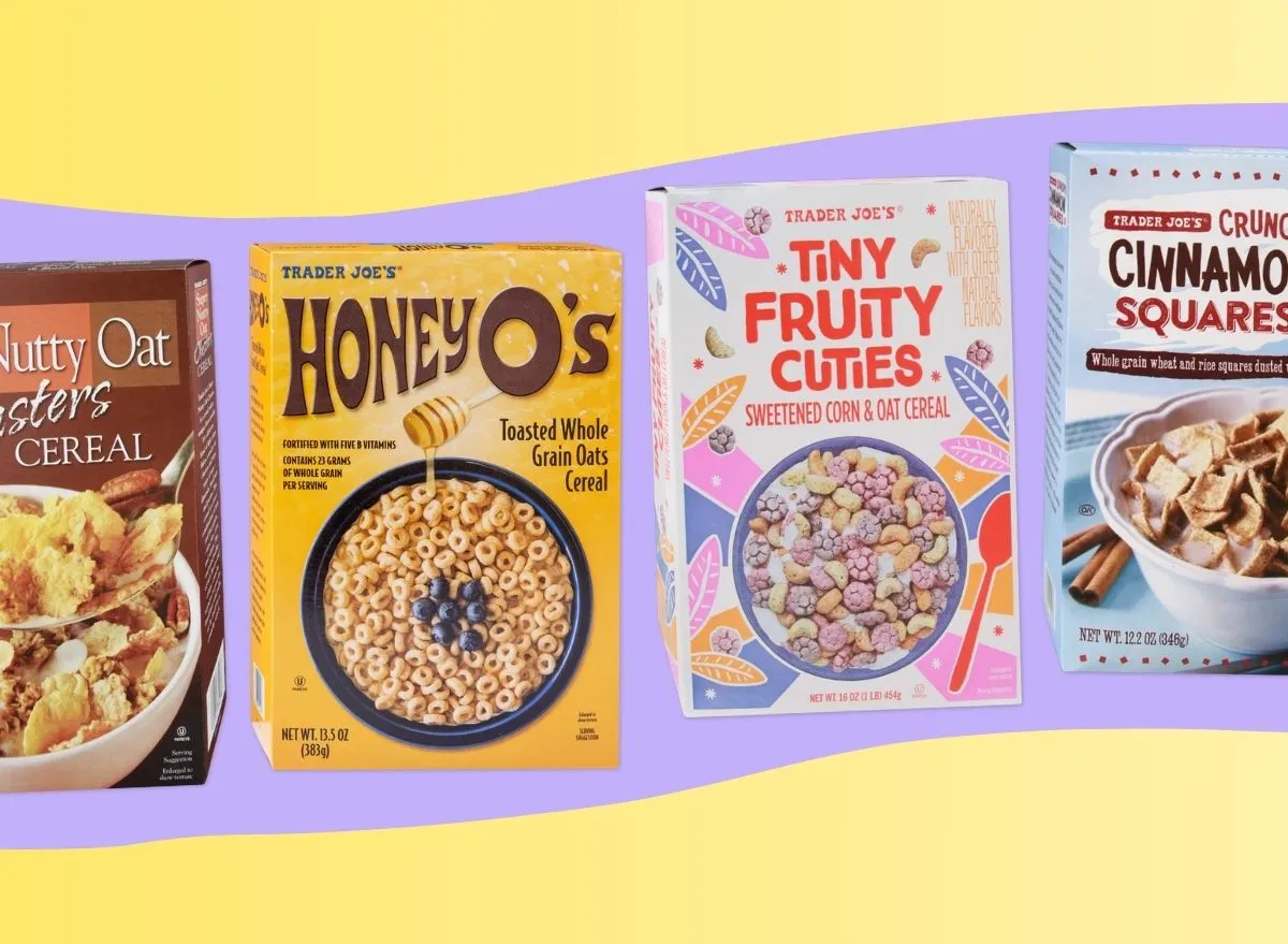 An array of Trader Joe's brand cereals against a colorful background