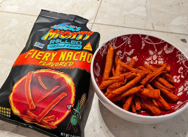 zach's fiery nacho chips in a bag and a bowl.