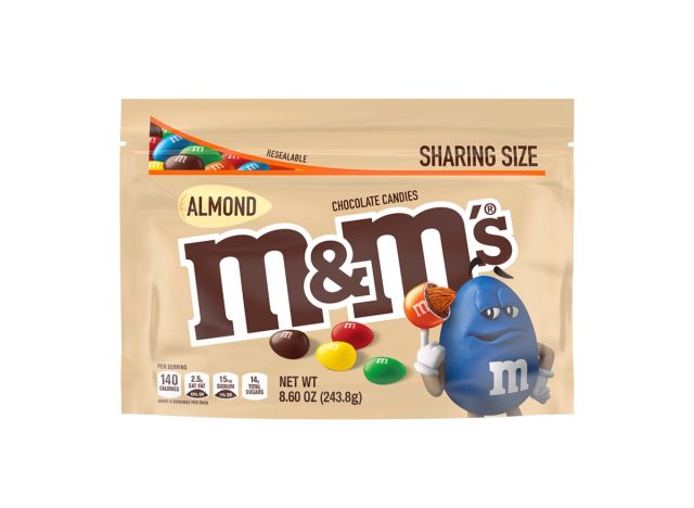 a bag of almond m & m's on a white background.