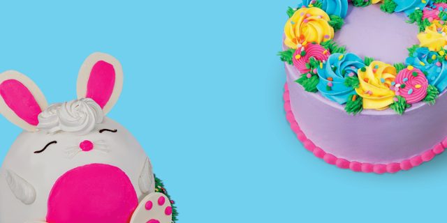 bakin robbins' hopscotch the bunny cake and petal pup cake on a blue background