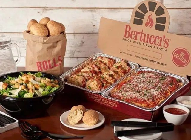 bertucci's carryout meal of pasta, salad, and rolls