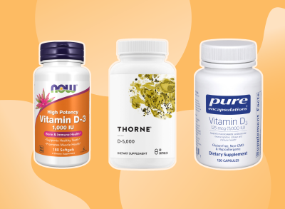 collage of three vitamin d supplement brands on a designed background