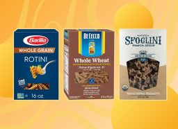 collage of three whole grain pasta brands on designed background