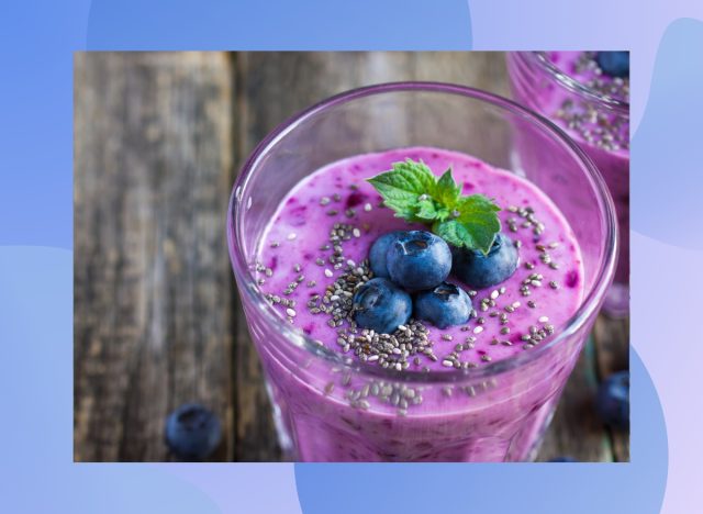 blueberry chia seed smoothie with fresh blueberries and sprig of mint on the top