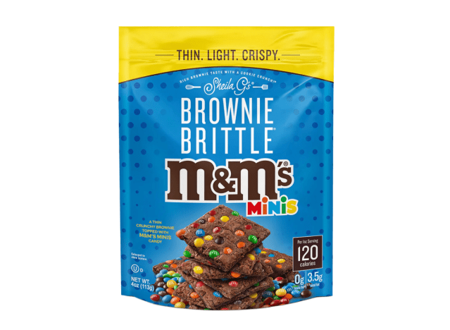 a bag of brownie brittle m & m's on a white background.
