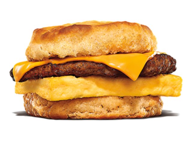 burger king sausage, egg, and cheese on a biscuit