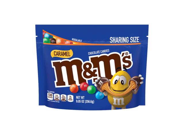 a bag of caramel m & m's on a white background.