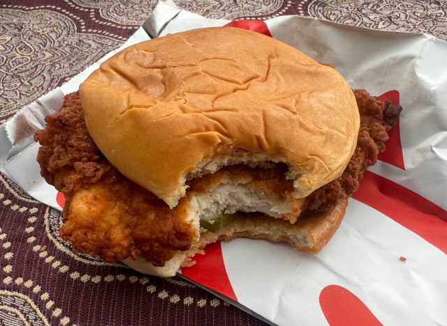 chick-fil-a chicken sandwich in a takeout container.