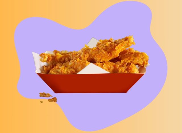 a basket of chicken tenders against a designed purple and yellow background