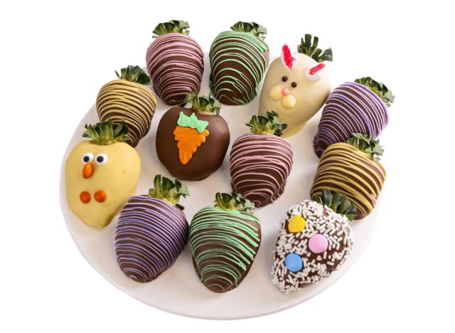 plate of easter-themed chocolate-covered strawberries