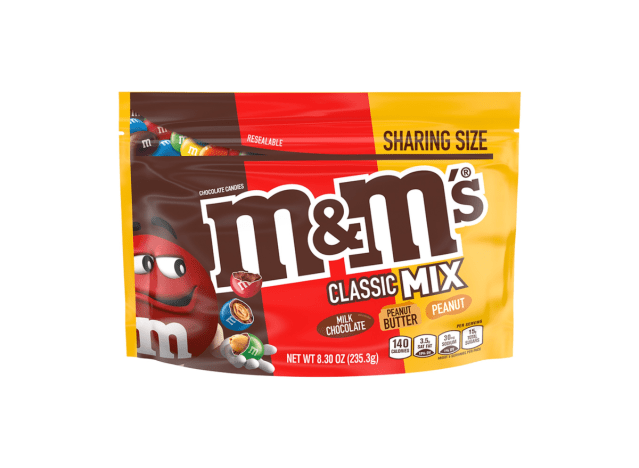 a bag of classic mix m & m's on a white background.